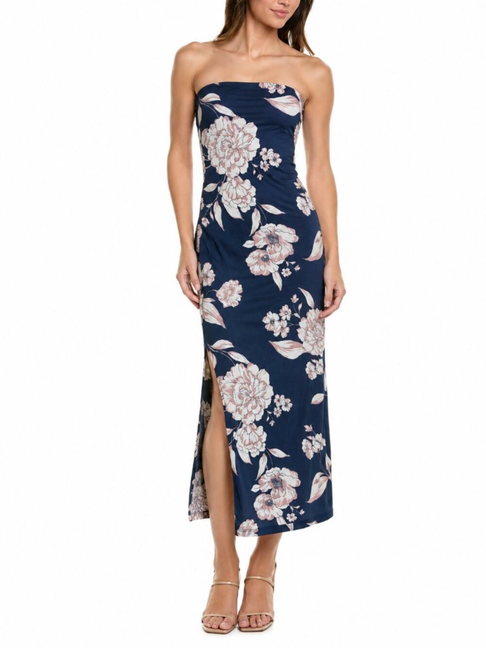 Nicole Miller New York Women’s L Strapless Floral Long Dress Side Slit Stretch